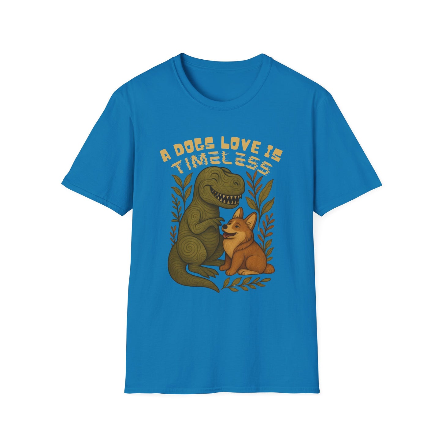 Timeless Love T-Shirt, Cute Dino and Dog Design, Pet Lover Gift, Unisex Apparel, Animal Lover Shirt, Casual Wear, Gift for Dog Owners
