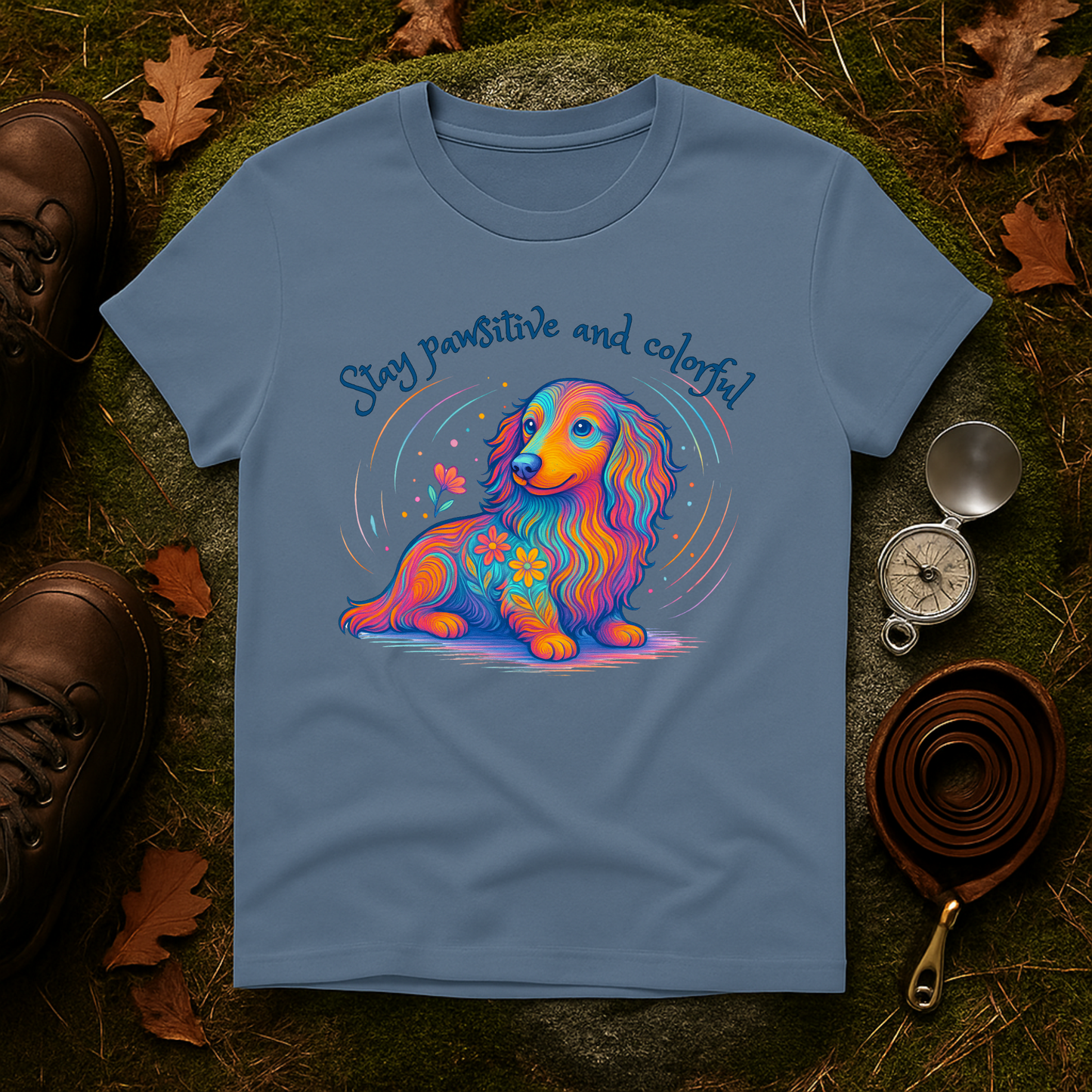 Colorful Dachshund Shirt – Stay Pawsitive Dog Tee