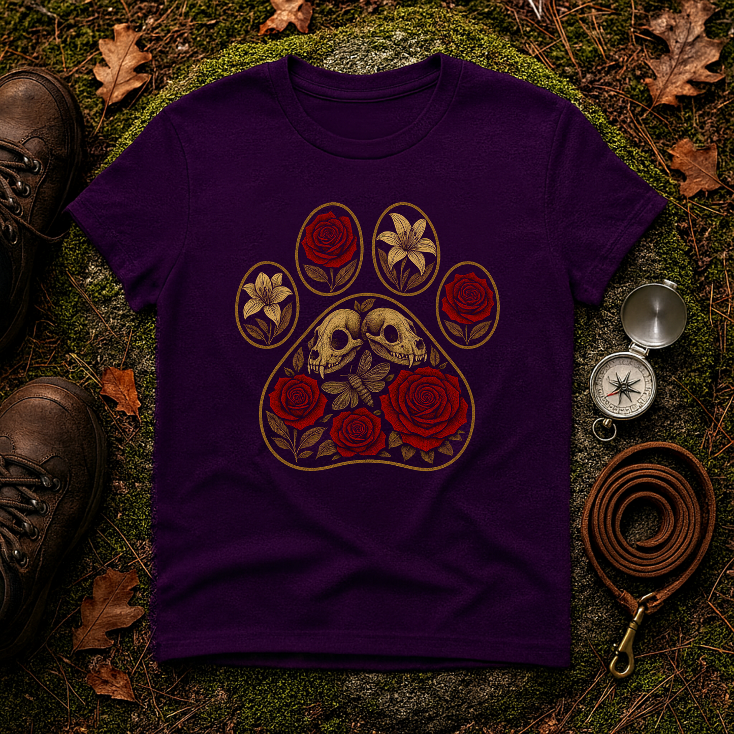 Gothic Paw Print T-Shirt | Skulls and Red Roses Dog Tee