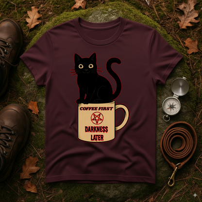 Coffee First, Darkness Later Cat T-Shirt, Unisex Tee for Cat Lovers, Perfect Gift for Halloween, Casual Wear, Comfortable Cotton Tee