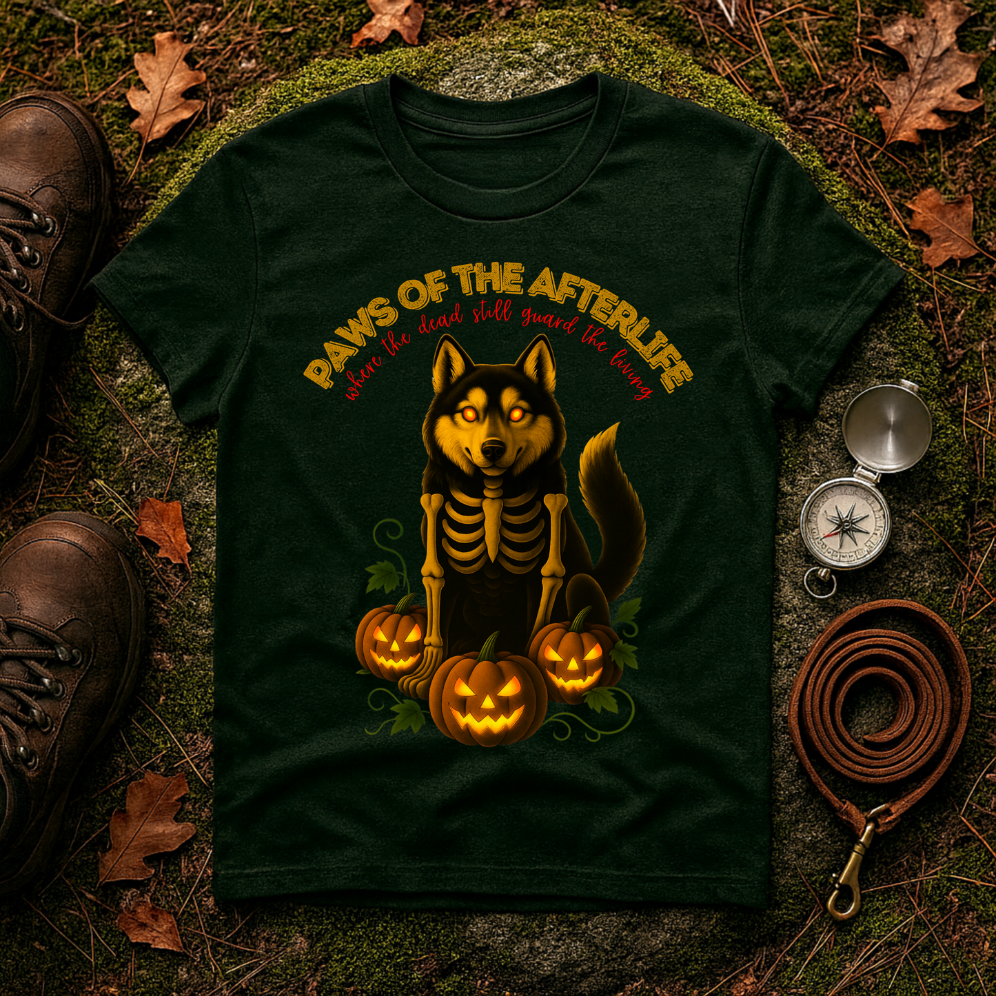 Paws of the Afterlife Husky Skeleton Halloween T-Shirt