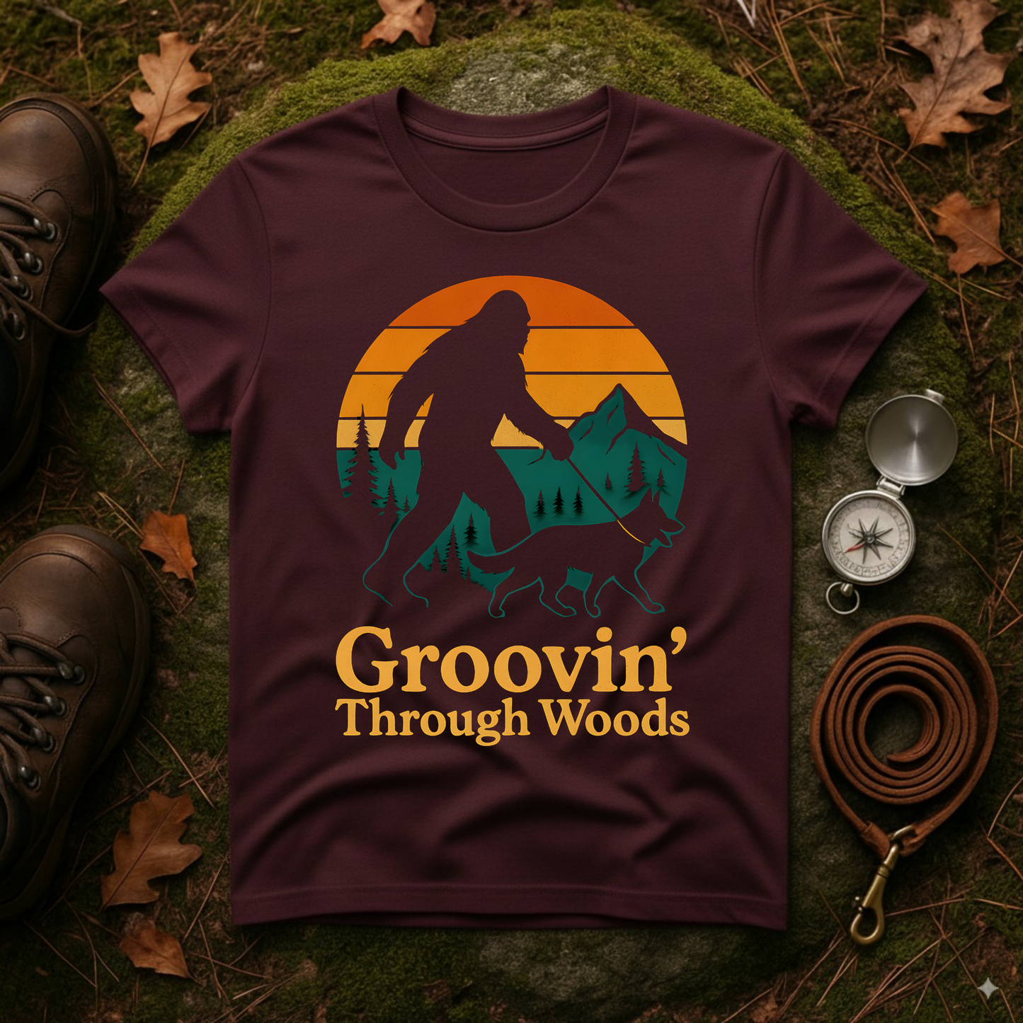 Bigfoot Walking Dog T-Shirt Funny Hiking Pet Lover Tee, Nature Lover Gift, Outdoor Enthusiast Apparel, Groovin' Through Woods Shirt