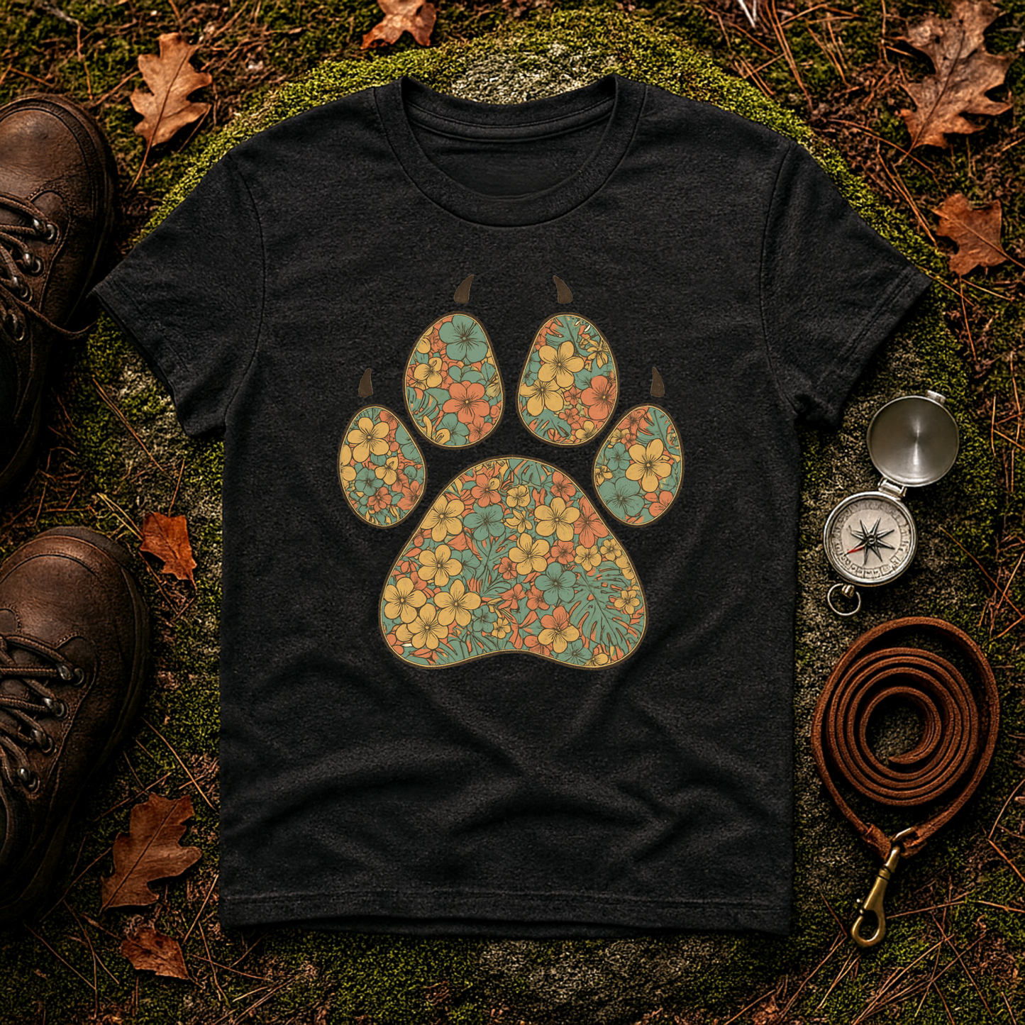 Vintage Tropical Floral Paw Print T-Shirt | Dog Lover Graphic Tee