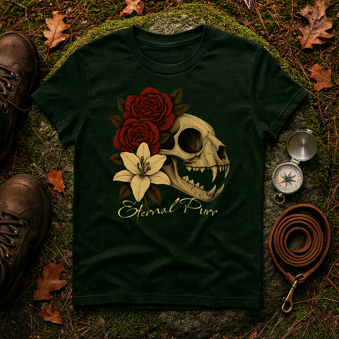 Eternal Purr Cat Skull Gothic Floral T-Shirt