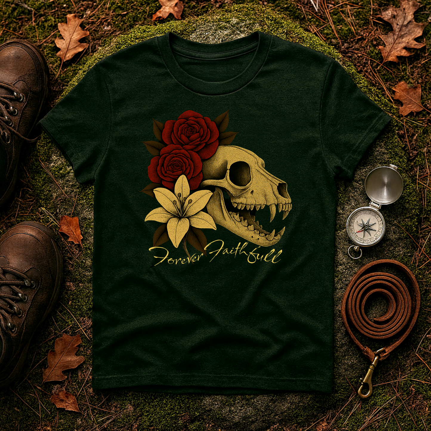 Forever Faithful Dog Skull Floral Gothic T-Shirt