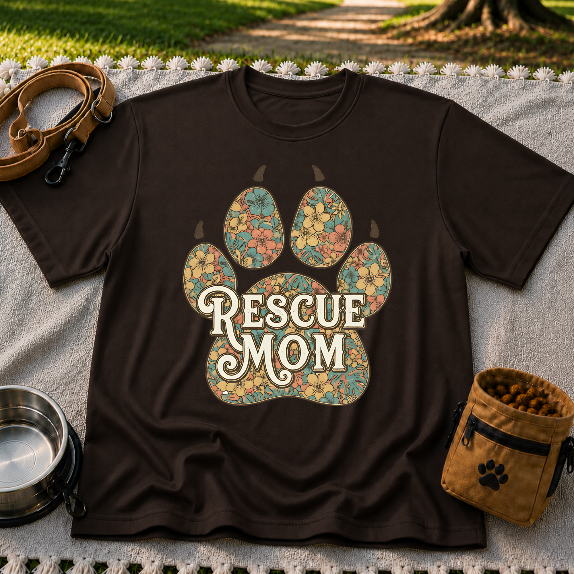 Rescue Mom Floral Paw Print T-Shirt