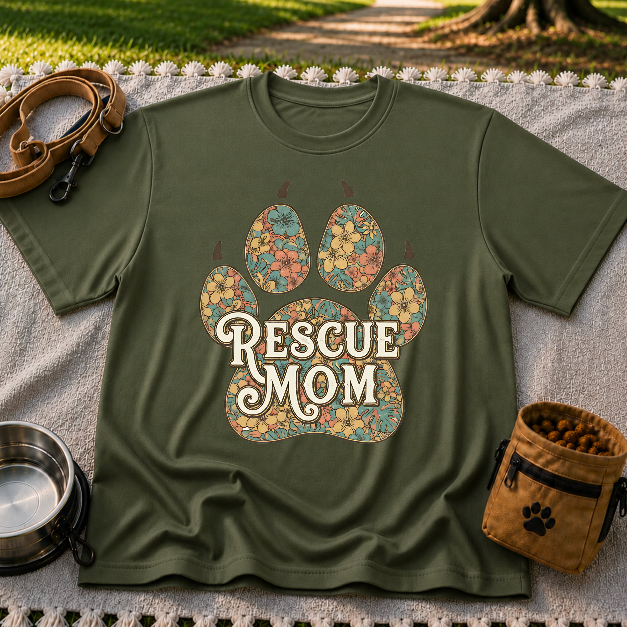 Rescue Mom Floral Paw Print T-Shirt