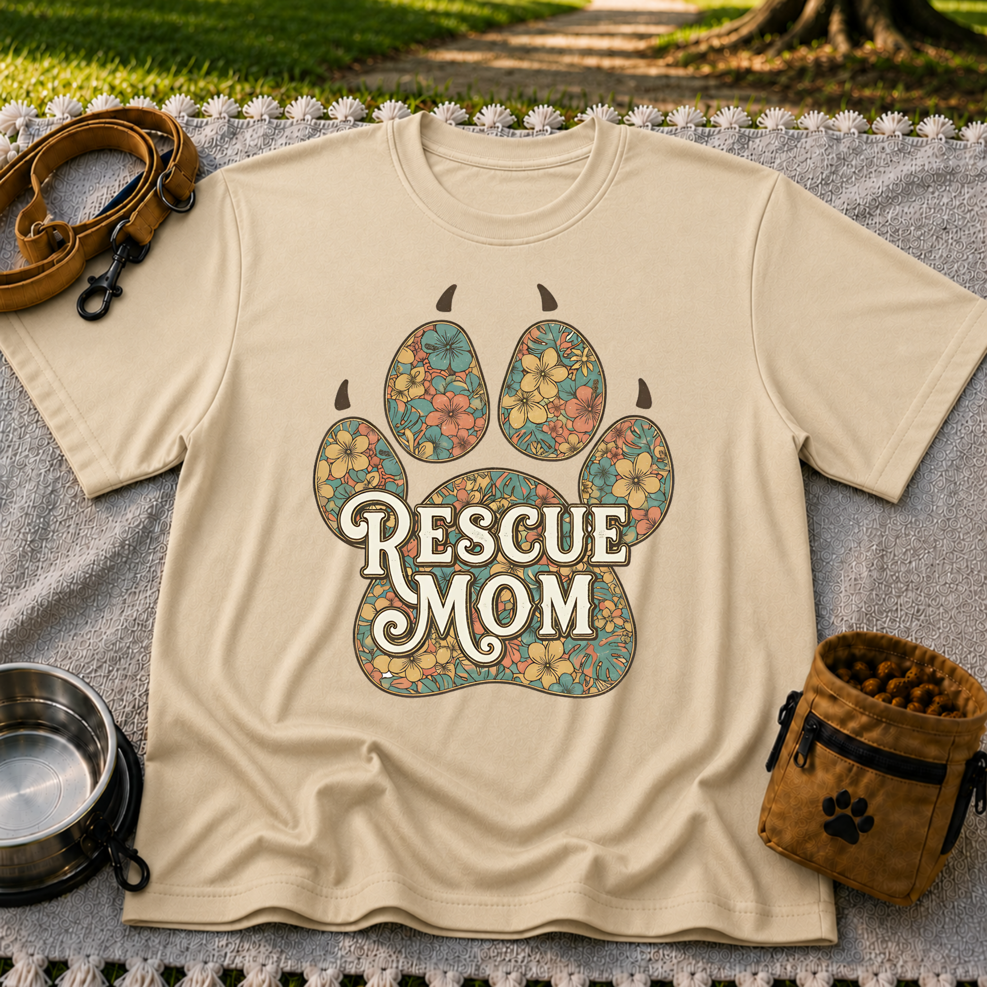 Rescue Mom Floral Paw Print T-Shirt