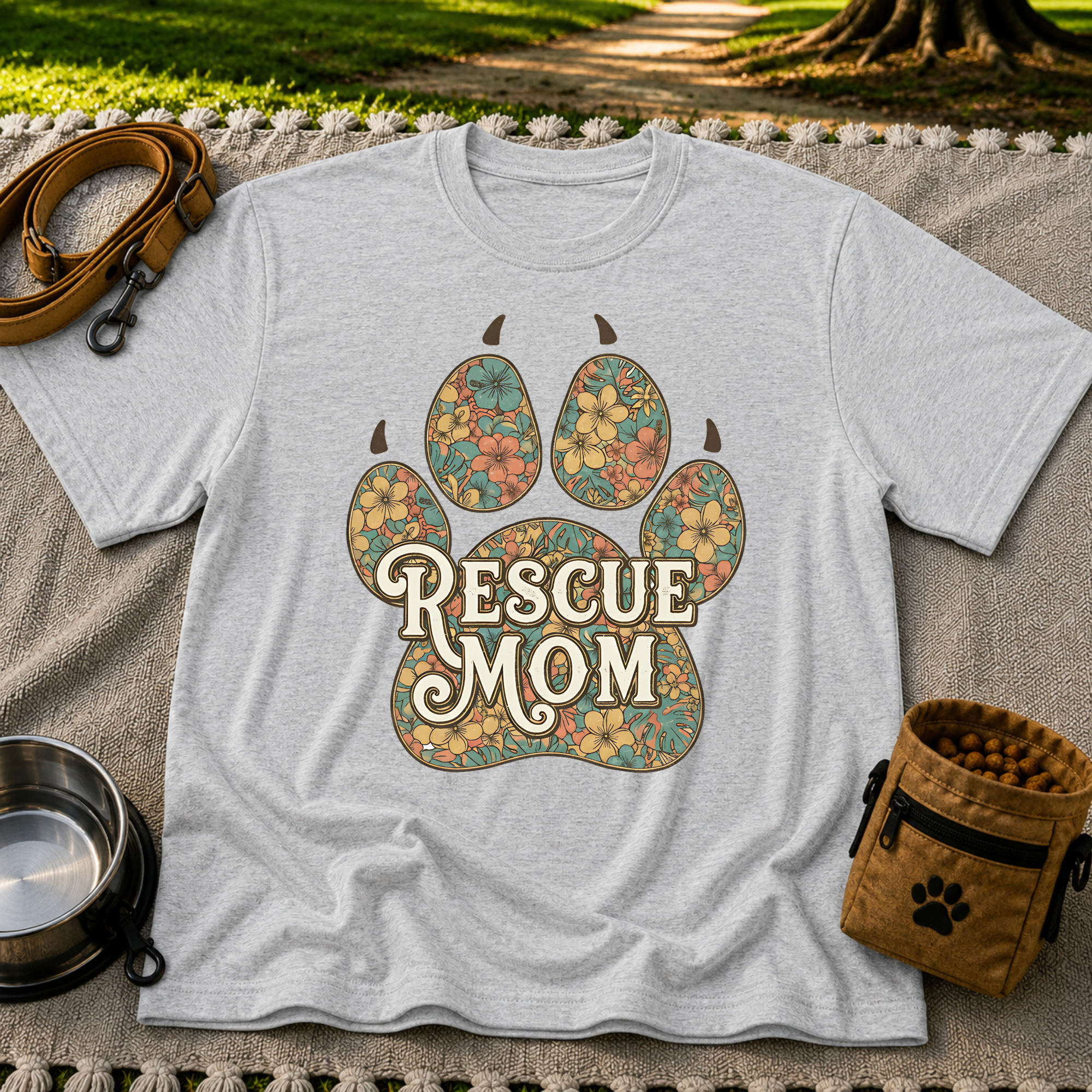 Rescue Mom Floral Paw Print T-Shirt
