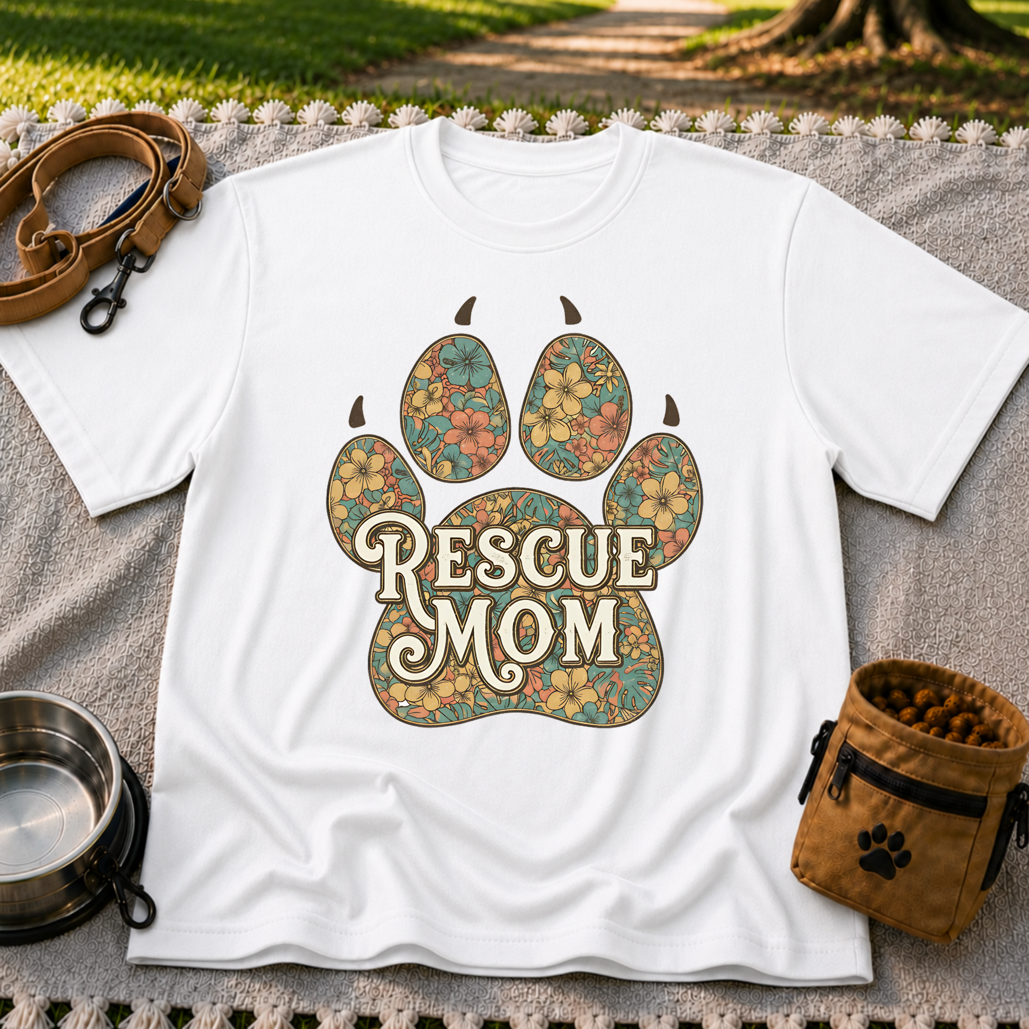 Rescue Mom Floral Paw Print T-Shirt