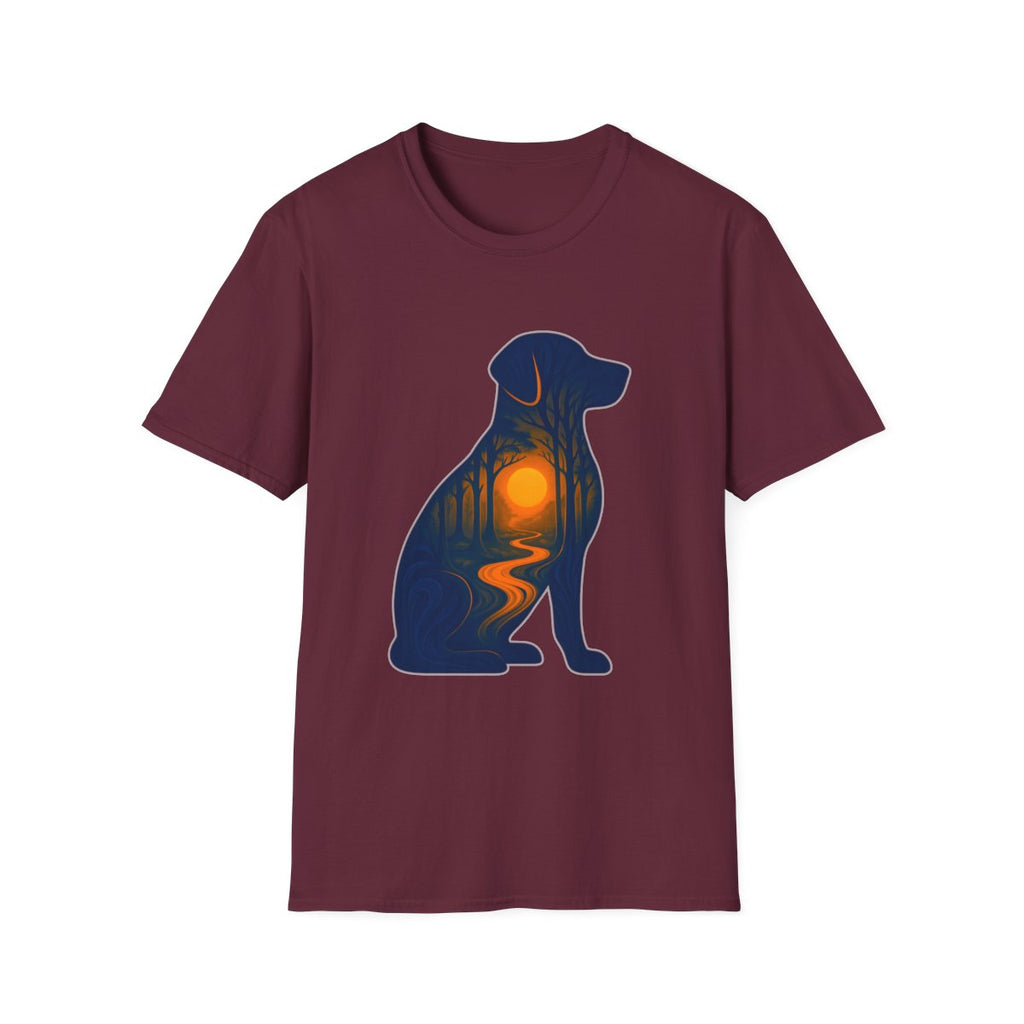 Sunset Dog Silhouette T-Shirt product mockup in Maroon