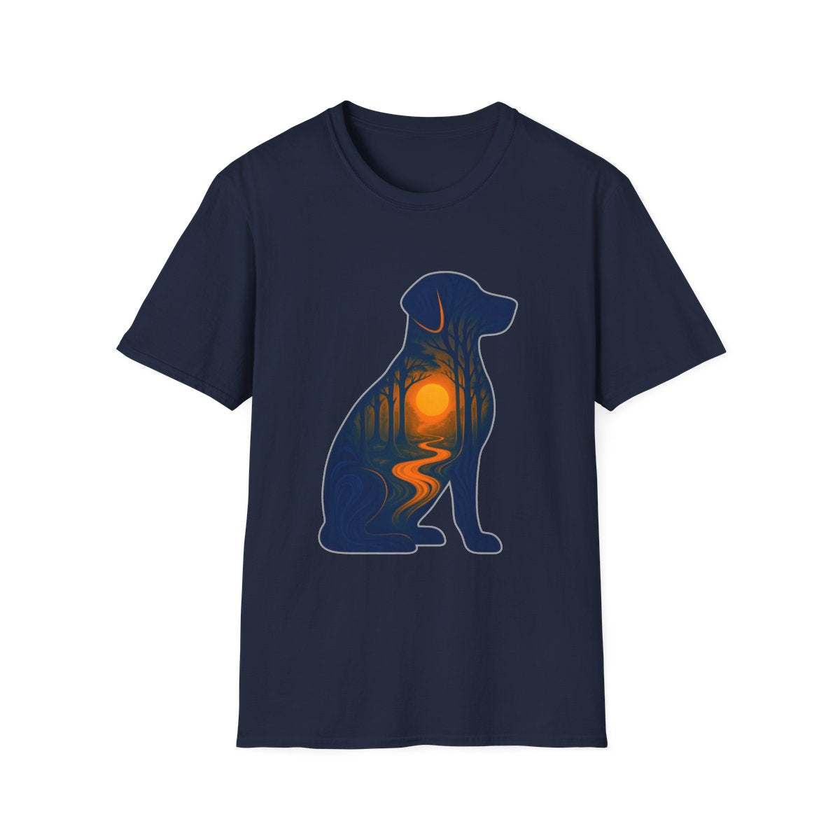 Sunset Dog Silhouette T-Shirt product mockup in Navy