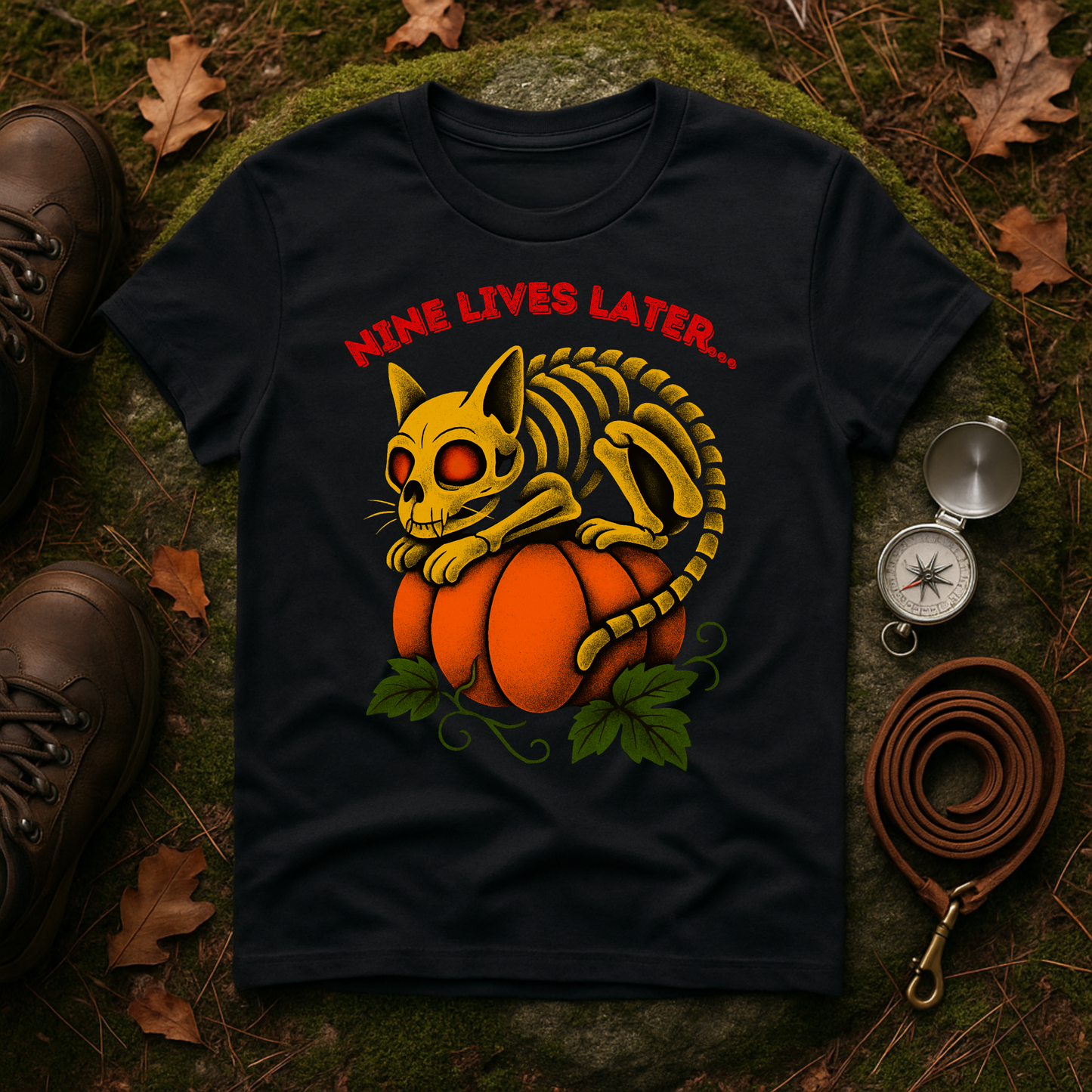 Nine Lives Later Cat Skeleton Pumpkin Halloween Shirt