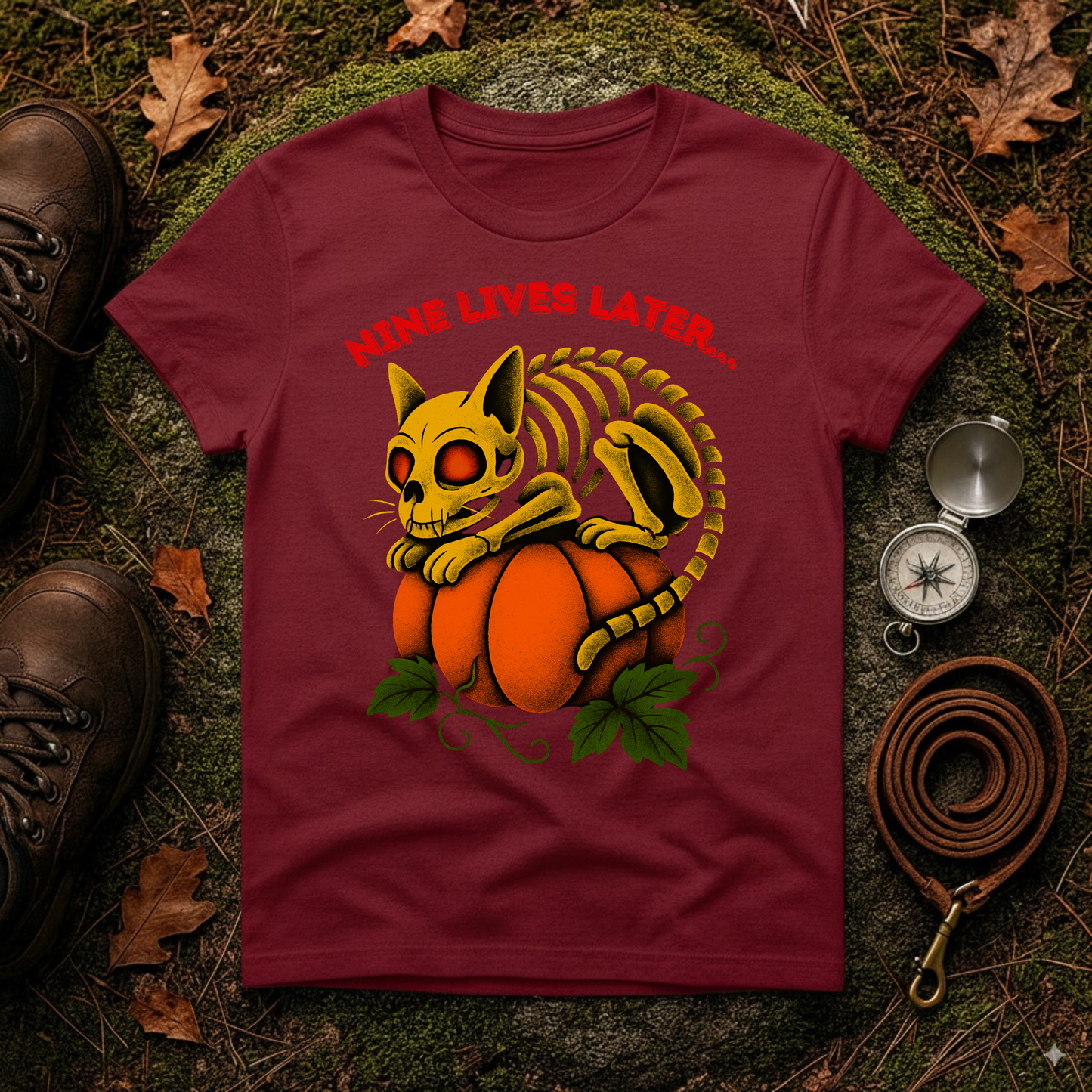 Nine Lives Later Cat Skeleton Pumpkin Halloween Shirt