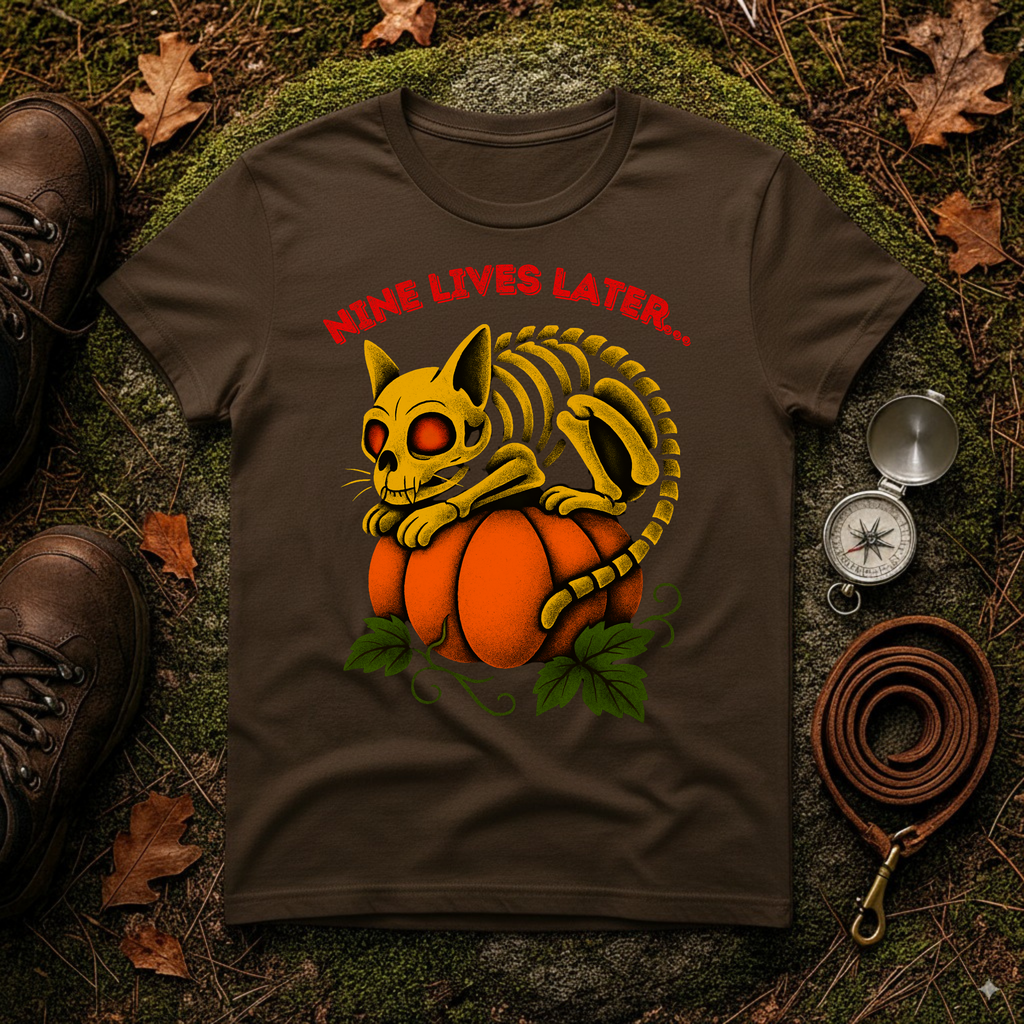 Nine Lives Later Cat Skeleton Pumpkin Halloween Shirt