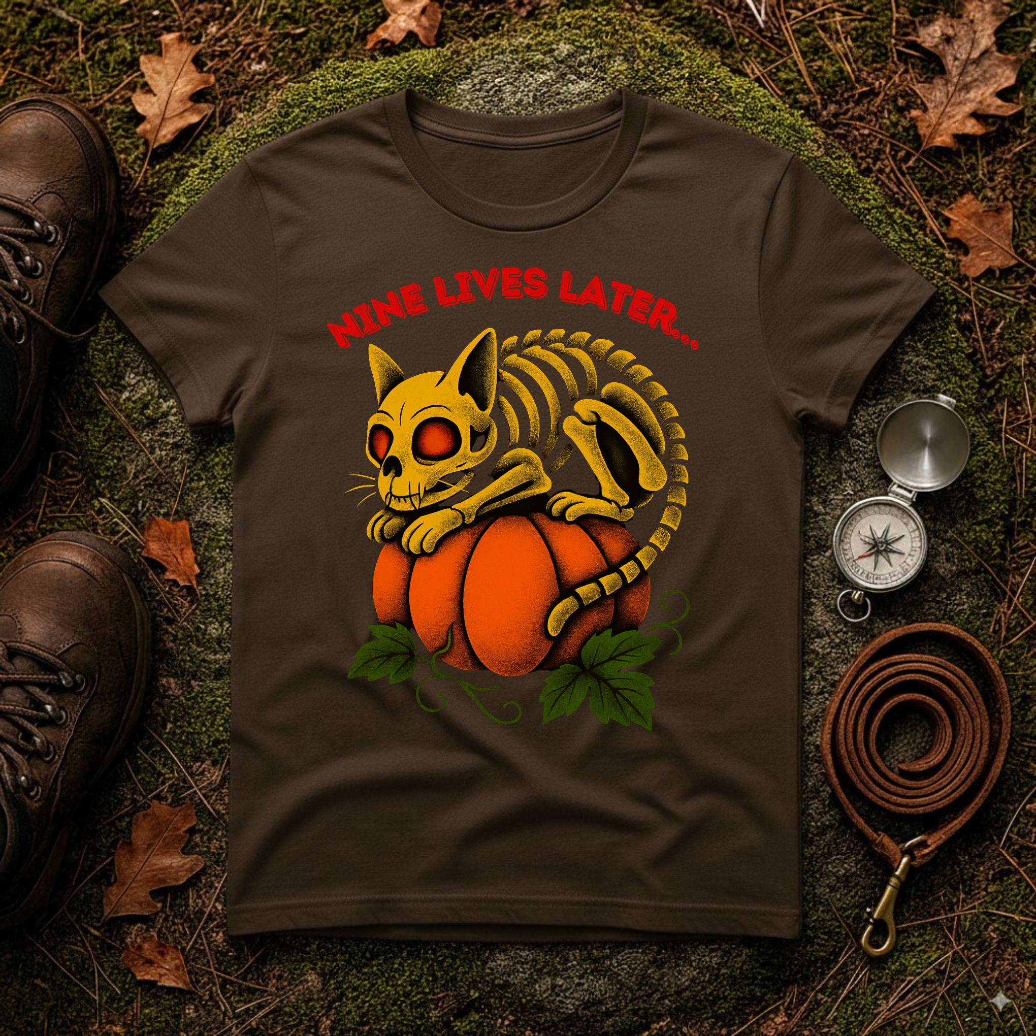 Nine Lives Later Cat Skeleton Pumpkin Halloween Shirt