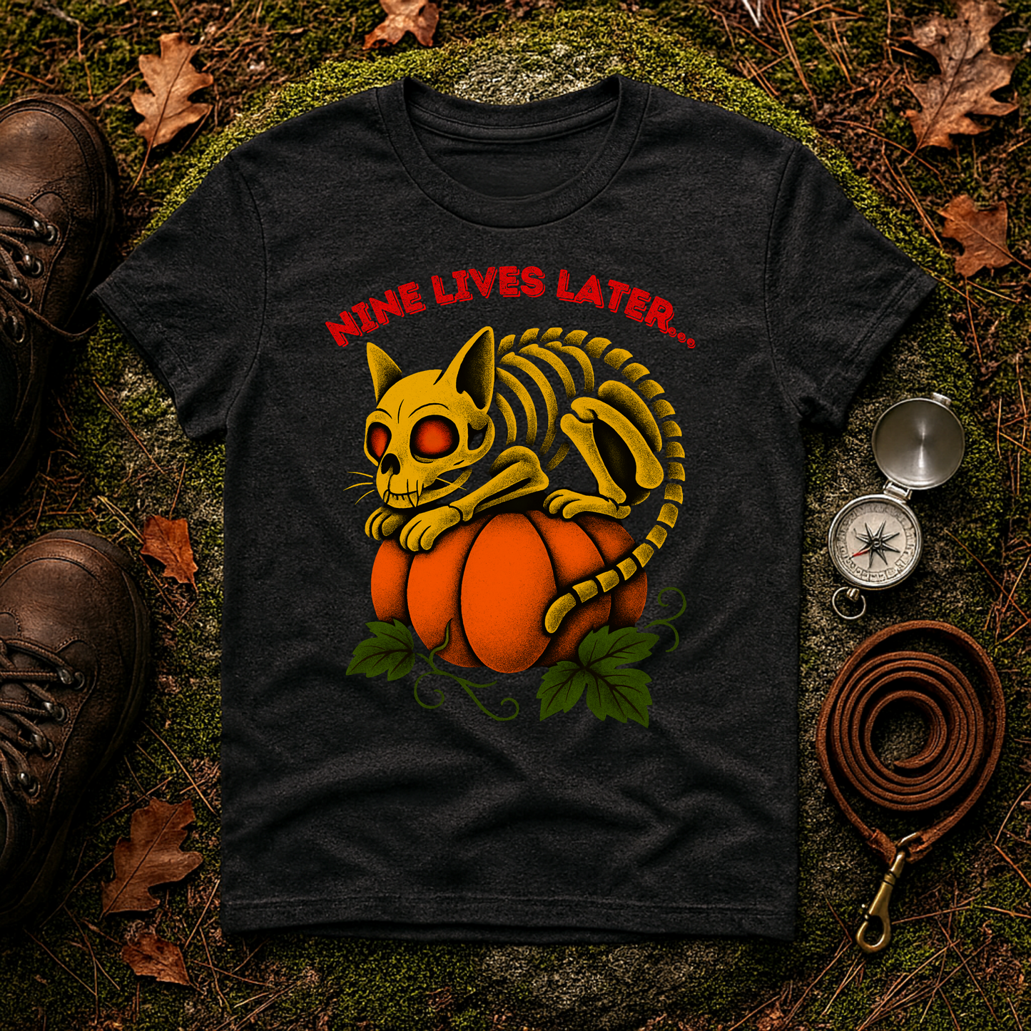 Nine Lives Later Cat Skeleton Pumpkin Halloween Shirt