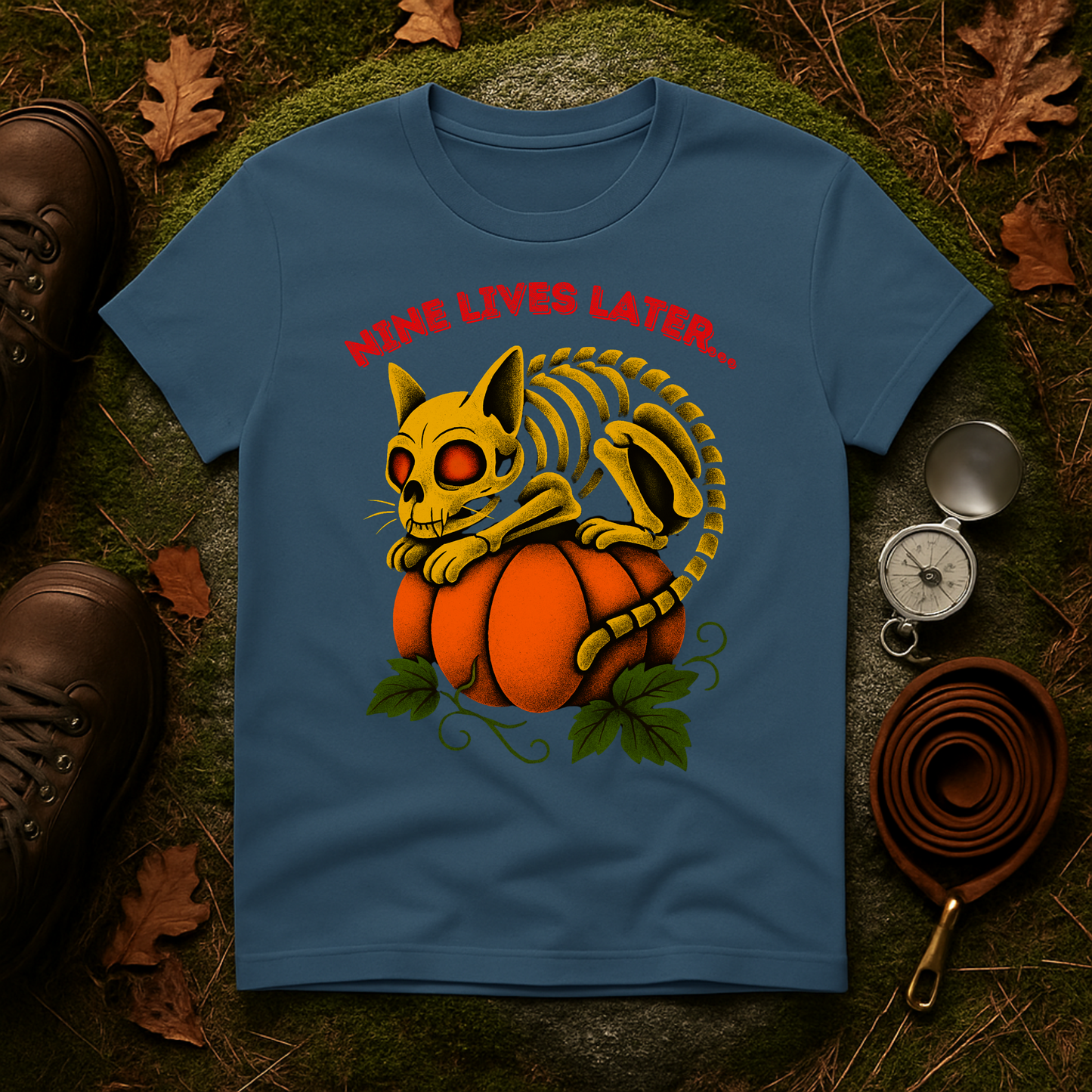 Nine Lives Later Cat Skeleton Pumpkin Halloween Shirt
