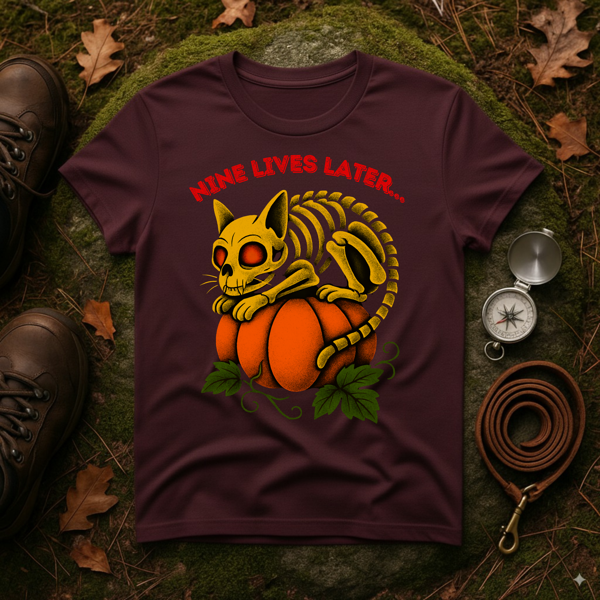 Nine Lives Later Cat Skeleton Pumpkin Halloween Shirt