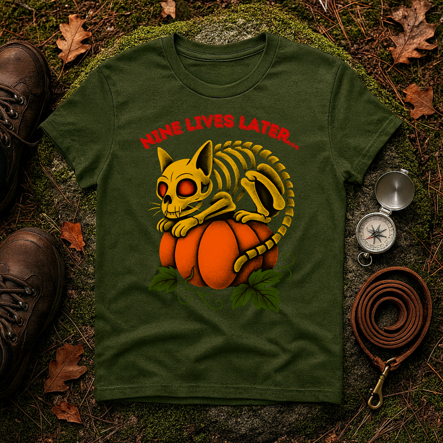 Nine Lives Later Cat Skeleton Pumpkin Halloween Shirt