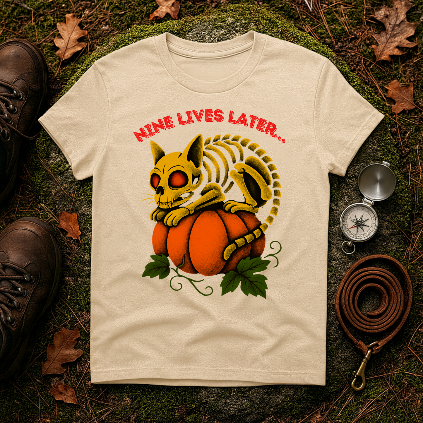 Nine Lives Later Cat Skeleton Pumpkin Halloween Shirt