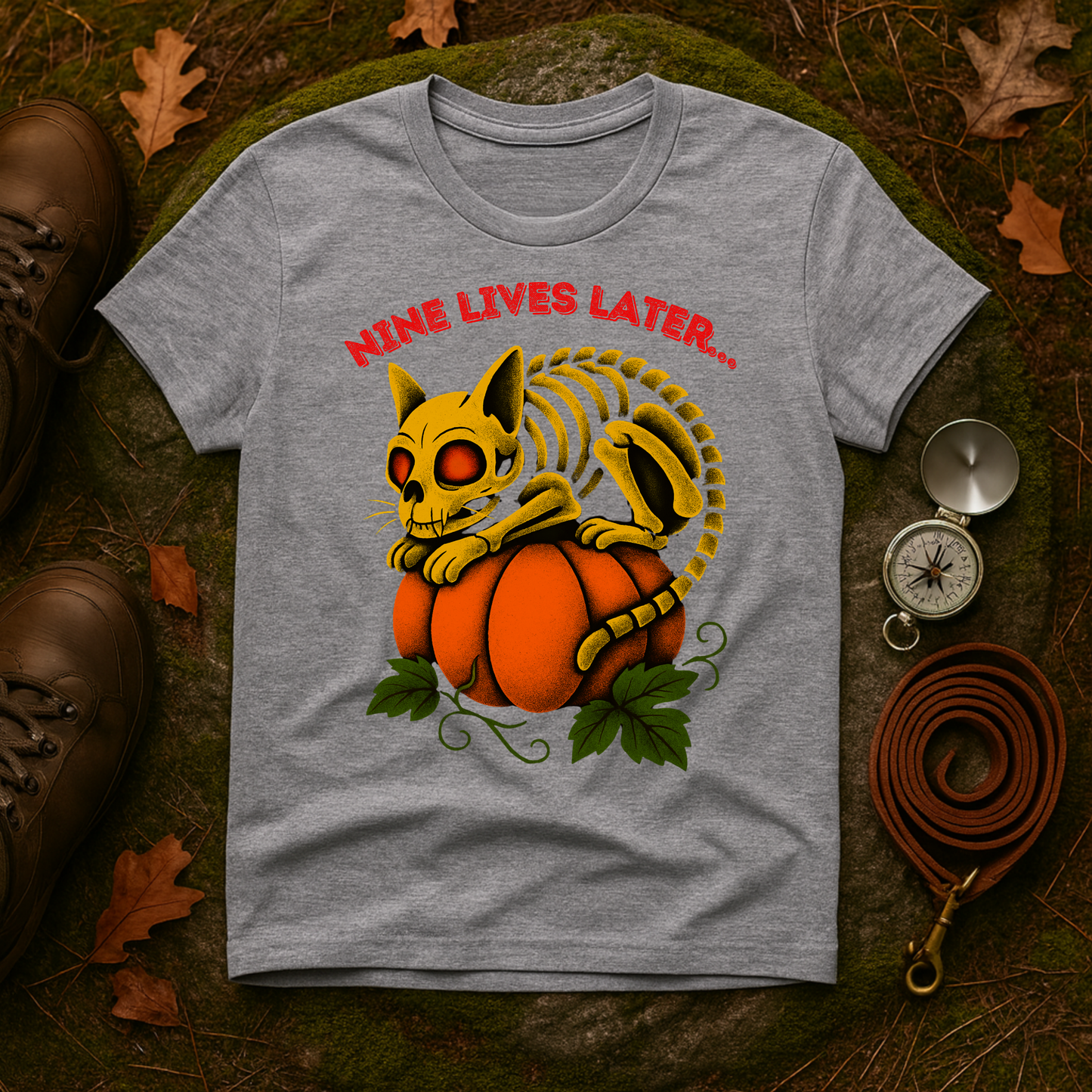 Nine Lives Later Cat Skeleton Pumpkin Halloween Shirt