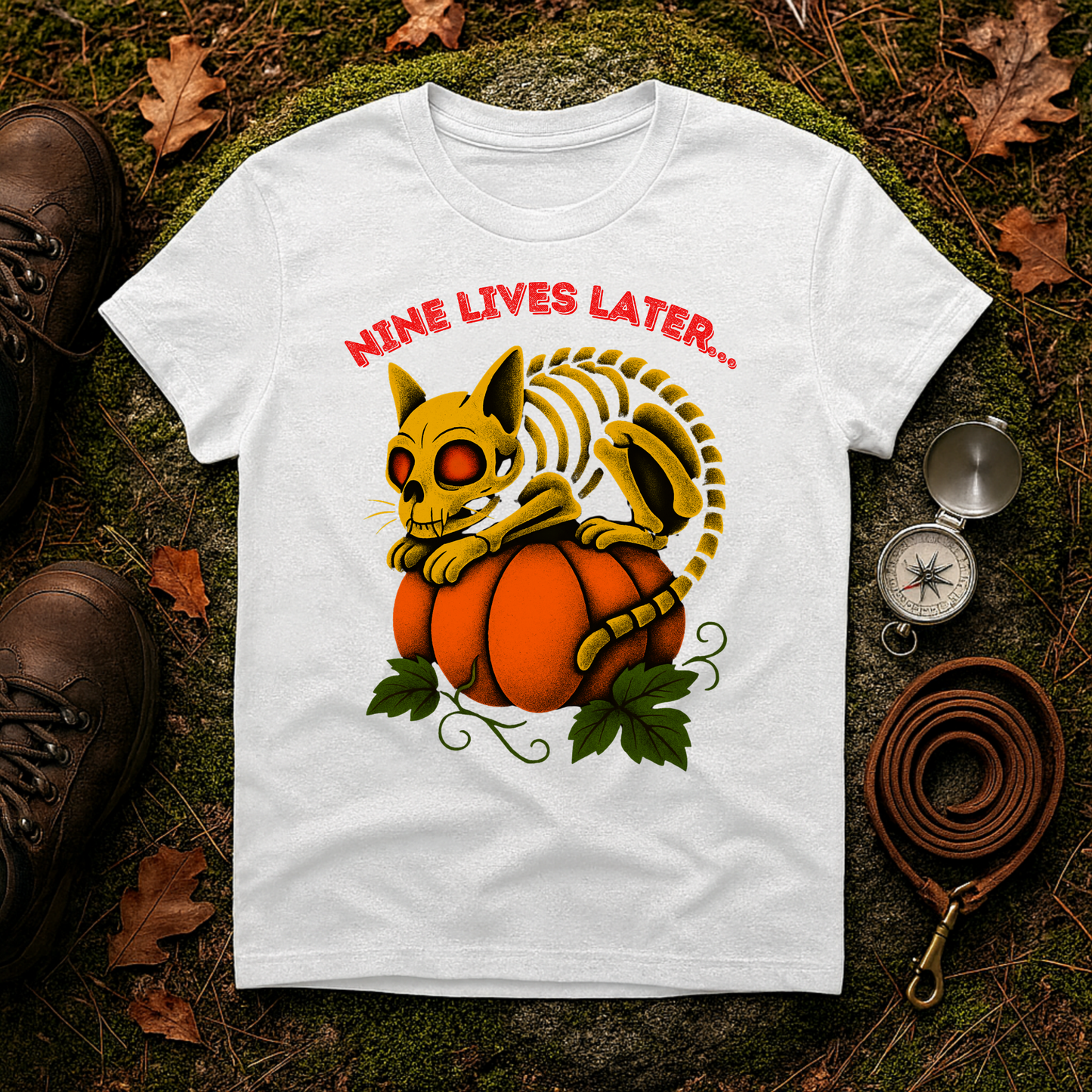 Nine Lives Later Cat Skeleton Pumpkin Halloween Shirt