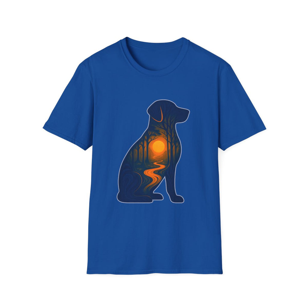 Sunset Dog Silhouette T-Shirt product mockup in Royal