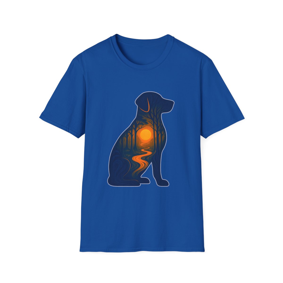 Sunset Dog Silhouette T-Shirt product mockup in Royal