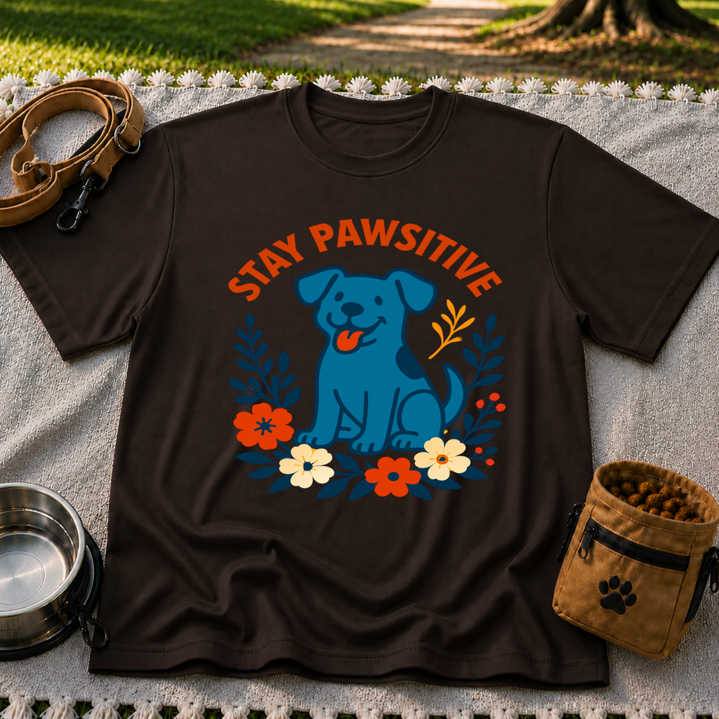 Stay Pawsitive T-Shirt product mockup in Dark Chocolate