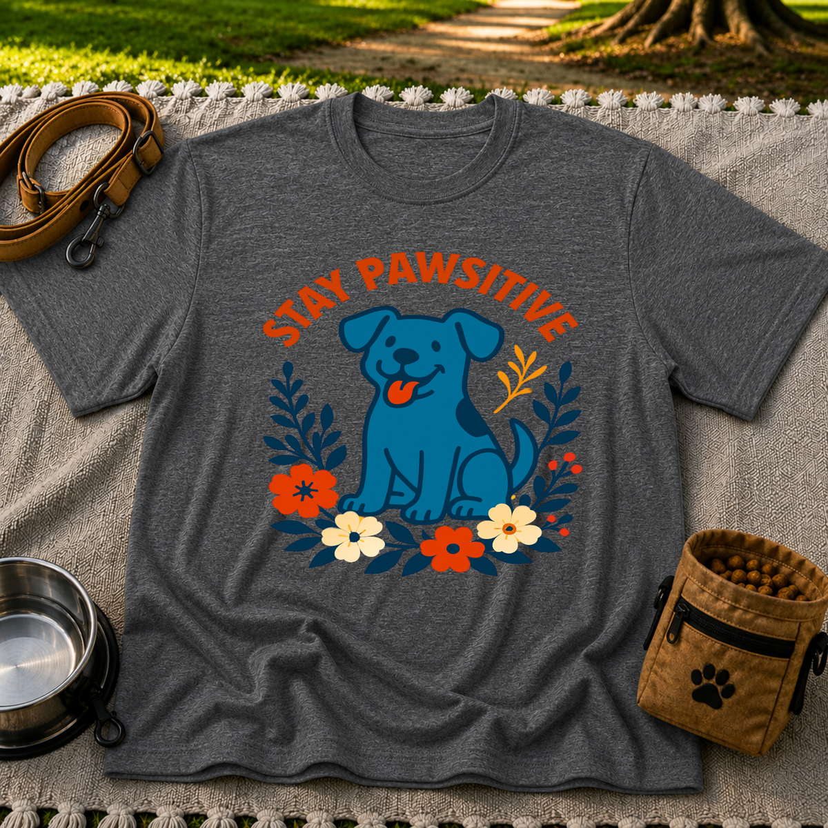 Stay Pawsitive T-Shirt product mockup in Dark Heather Grey