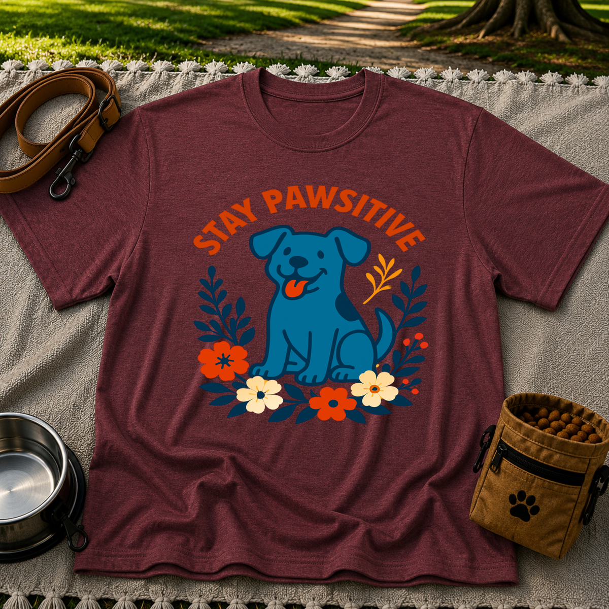 Stay Pawsitive T-Shirt product mockup in Maroon