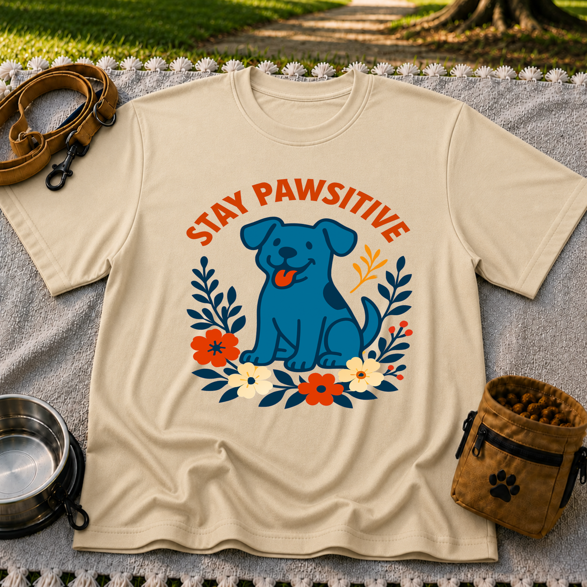 Stay Pawsitive T-Shirt product mockup in Sand