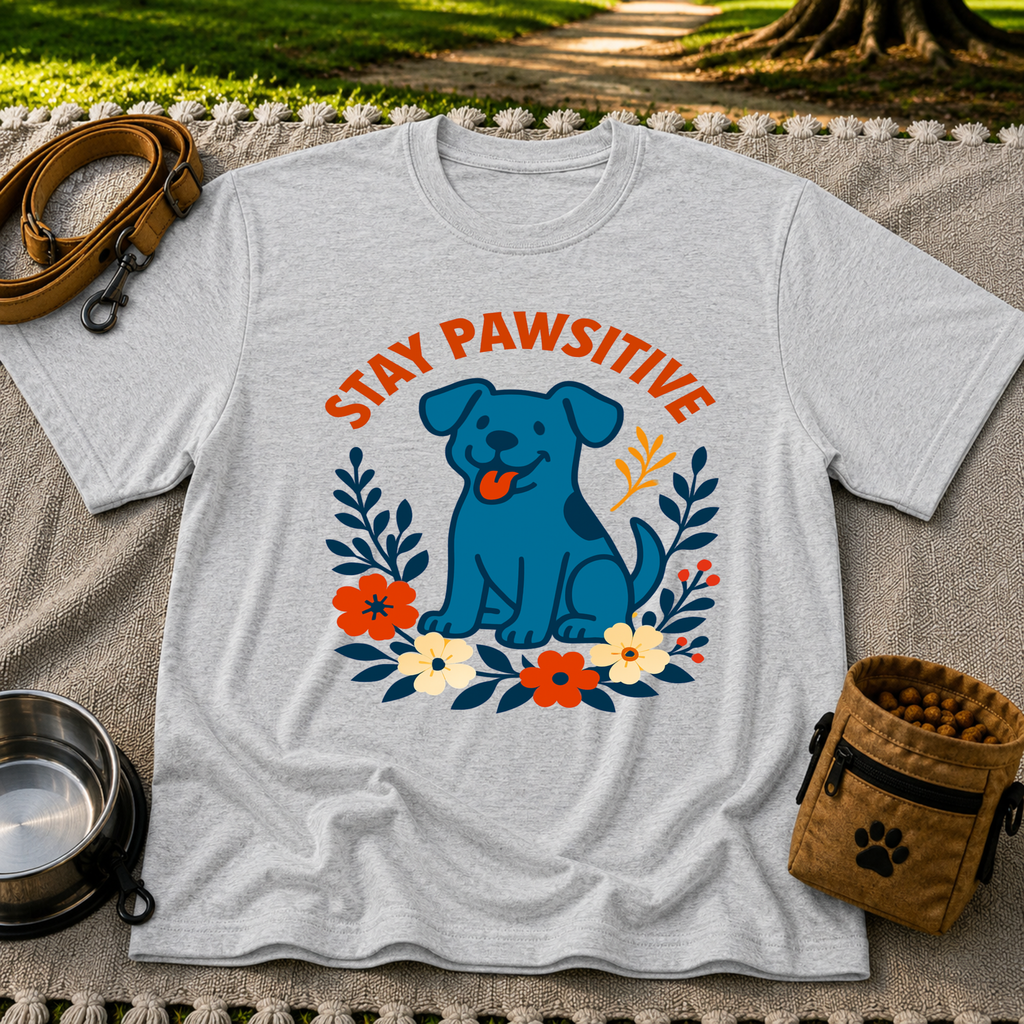 Stay Pawsitive T-Shirt product mockup in Sport Grey
